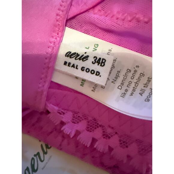Aerie Real Power Wireless Push Up Joy Hot Pink Floral Lace Bra Sz 34B NEW - Picture 4 of 6